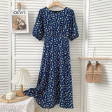 Elegant Waist Tie Vintage Floral Chiffon Midi Dress O-Neck Short Puff Sleeve Summer Dress