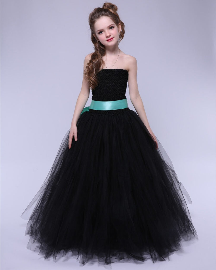Solid Black Teenage Girls Long Evening Dress Kids Girl Off-shoulder Feet Dresses Princess Pageant Costumes Stage Shows Ball Gown