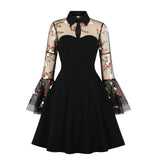 Embroidery Women Party Dress Black Flare Long Sleeve Valentine Sundress Butterfly Retro 60s Gothic Costume Midi Swing Dresses