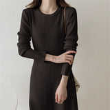 Autumn Winter Sweater Dresses Crew Neck Long Sleeve Casual Midi Dress Solid A Line Ribbed Knitted Dress