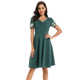 Dark Green Vintage V Neck Patchwork Plaid Short Sleeve Robe Pin Up Swing Retro Dress