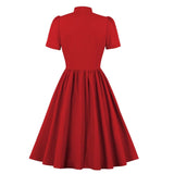 Women Vintage Pleated Swing Dress Tie Neck Button Up 50S Pinup Robes Spring Red Blue Blue Elegant Retro Clothes Ladies Dresses