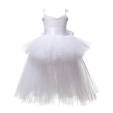 V-neck Girl Tutu Dress with Tail Solid Color Fluffy Trailing Tulle Dresses for Girls Princess Kids Carnival Halloween Costumes