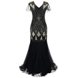 Formal Retro 1920s Sequin Evening Dress V-Neck Short Sleeve Mesh Bead Fishtail Skirt