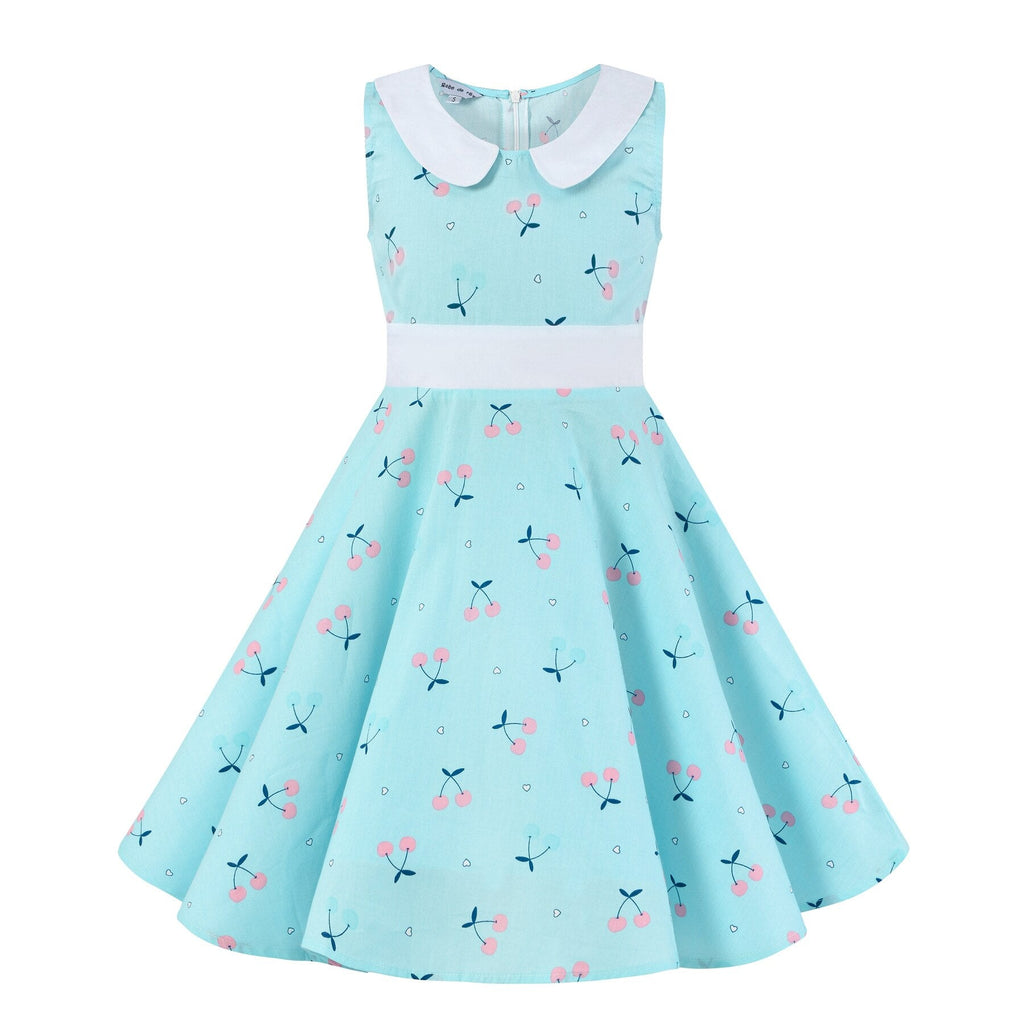 2022 Rockabilly Vintage Dress for Children Kids Pink Blue Swing Cotton Retro Cherry Floral Print Summer Dress for Girl Cute