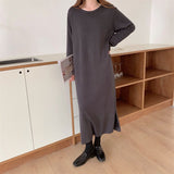 Crew Neck Long Sleeve Basic Casual Knitted Dress Fall Winter Side Slit Elegant Loose Midi Dress