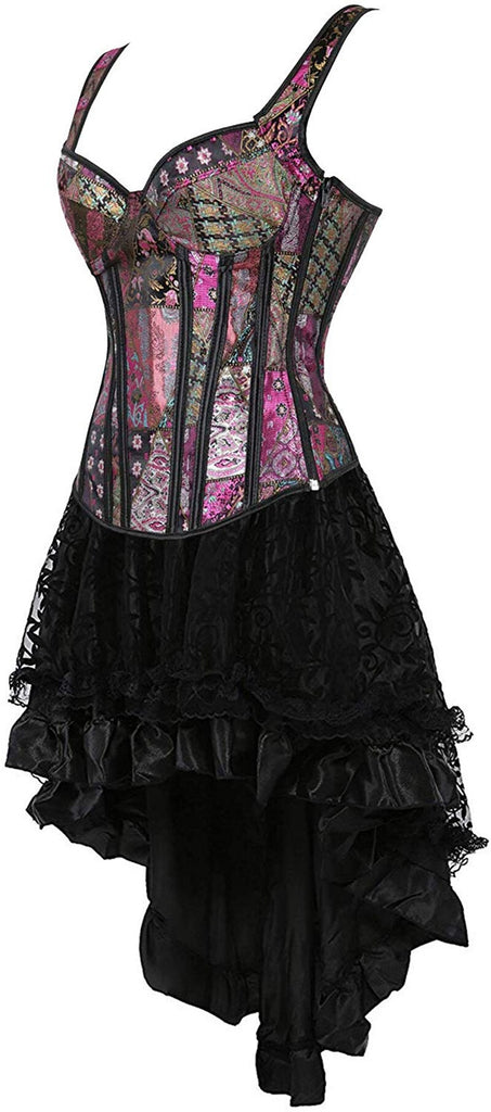 Sexy Zipper Shoulder Straps Overbust Corset Bustier Dress Skirt Set Flower Fancy Costume Gothic Corselet Women Vintage Lingerie