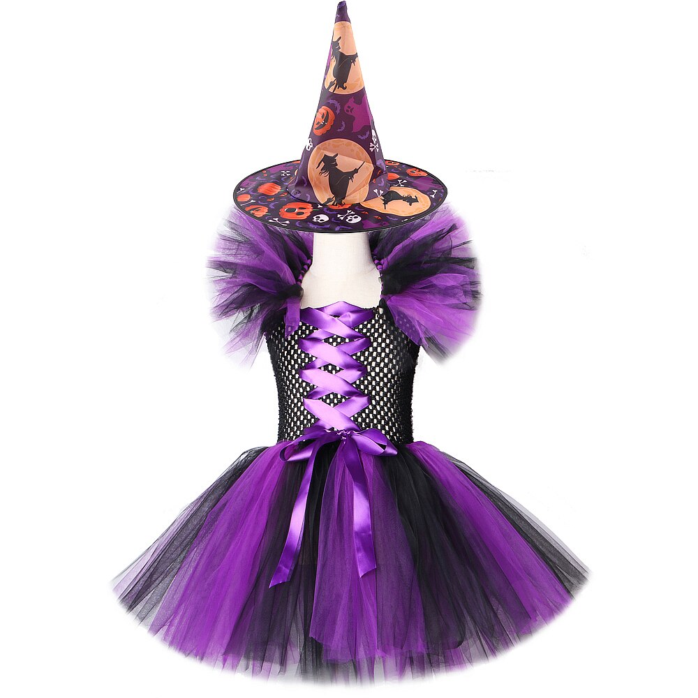 Purple Black Witch Dress Girls Halloween Holidays Costumes Kids Carnival Tutu Knee Dresses for Children Cosplay Party