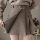Ladies Elegant A-line Short Skirts Korean Style All-match Woolen High Waist Women Mini Skirt With Belts