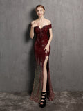 Sexy Backless Off Shoulder Evening Dress Slim Slash Neck Sequins Formal Party Gown Side Split Women Vestidoes New