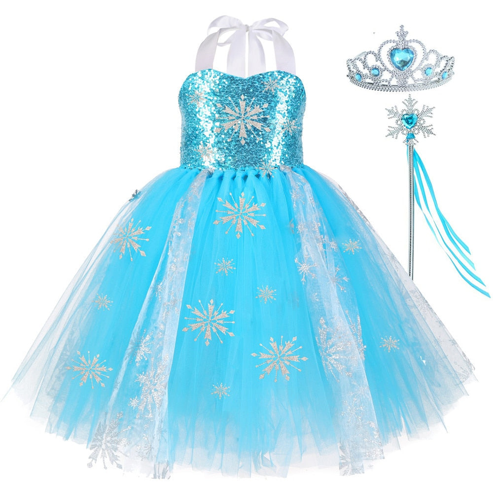 Sequins Elsa Princess Dresses for Girls Costumes Snow Queen Tutu Dress Long Girl Kids Dress Up Clothes for Halloween Birthday