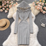 Long Sleeve Hooded Knitted Striped Dresses Women Autumn Winter Casual Sweater Dress