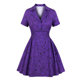 Notched Collar Shirred High Waist Cat Print Purple Short Sleeve Summer Vintage Mini Dresses