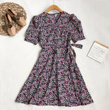 Beach Vintage Floral Print Wrap Dress Belted V Neck Short Puff Sleeve Mini Dress