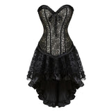 Women Sexy Floral Lace Overlay Corset Dress Victorian Vintage Overbust Corset Top With Gothic Asymmetrical High Low Skirt Set