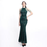 High Neck Sleeveless Crystal Tassel Mermaid Slim Evening Dress Pink Sequins Robe