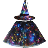 Party Kids Girl LED Glow Light Up Witch Hat Spider Web Cobweb Skirt Halloween Christmas Costume Cosplay Magic Wand Fancy Dress