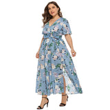 Plus Size Summer Women Beach Boho V Neck Short Sleeve Floral Print Slit Side Long Maxi Bohemian Dress