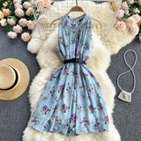 Beach Chiffon Floral Summer Dress Round Neck Sleeveless Casual Mini Dress With Belt