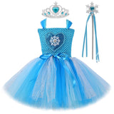 Blue Snow Queen Dress for Girls Cosplay Costume Halloween Kids Clothes Princess Elsa Dresses Fluffy Tutus with Crown Magic Stick