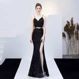 Sleeveless Sequins Evening Dress Sexy Backless Party Dress Spaghetti Straps Stretchy Formal Gowns Long Side Fork Robe