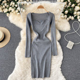 Autumn Winter Mini Dresses For Women Sweetheart Neck Long Sleeve Elegant Ribbed Knitted Dress Sexy Bodycon Dress