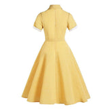 Turn-Down Collar Buttons Yellow Vintage 50s Plaid Midi Shirt Elegant Summer Belted Retro Dress