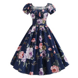 Square Neck Ruched High Waist Vintage Multicolor Floral Women Pleated Dress Short Sleeve Summer Rockabilly Swing Dresses