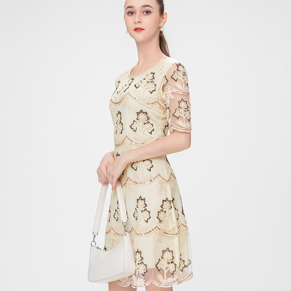 Summer Luxury Women Sequin Party Dress O-neck Short Sleeve Embroidery Floral Vintage Dress