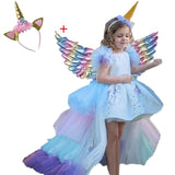 Unicorn Baby Girls Princess Long Tail Rainbow Prom Gown Wedding Dress Up Infant Carnival Vestidos