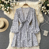 Spring Autumn Women Deep V Neck Tie Bow Print Casual Dress Elegant Vintage Long Sleeve Mini Dress