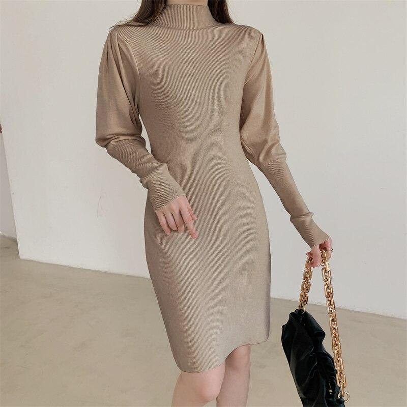 Autumn Winter Sweater Dresses For Women Mock Neck Puff Sleeve Casual Mini Dress Ribbed Soft Knitted Bodycon Dress