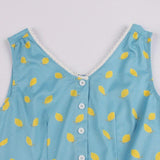 Lace Insert V Neck Button Front Lemon Print A Line Pinup Summer Sky Blue Sleeveless Vintage Dress