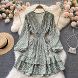 Print Casual Spring Autumn V Neck Long Sleeve Dress Elastic Waist Ruffle Hem Mini Dress