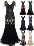 Formal Retro 1920s Sequin Evening Dress V-Neck Short Sleeve Mesh Bead Fishtail Skirt