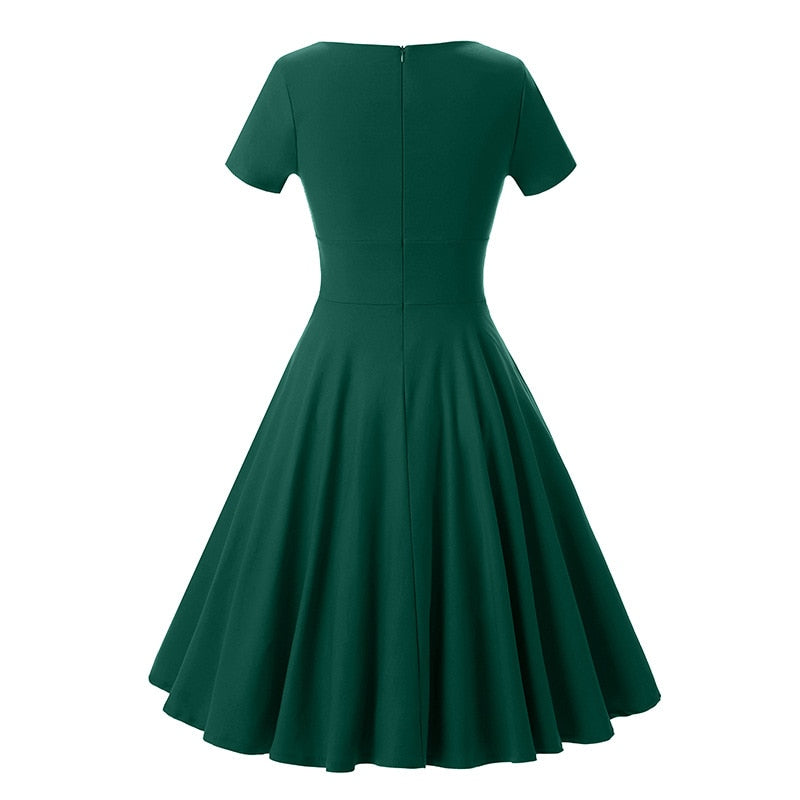 Elegant Office Women Big Swing Party Dress Solid Green Red Cotton Sundress Summer Retro Vintage Pinup 50s 60s Rockabilly Dresses