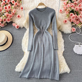 Fall Winter Elegant Crew Neck Long Sleeve Ribbed Knitted Dress Knee Length Casual Midi Dress