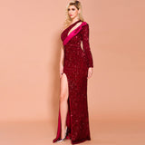 Sequins Dinner Party Evening Dress Long Dress For Lady One-shoulder Sexy High Split Formal Gowns Black Flounces Robe De Soriee