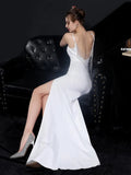 Soft Satin Sexy Strap Pleat White Slit Evening Dress Women's Backless Party Maxi Dress Long Prom Dress