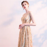 Luxury Long Evening Dress Rose Gold Sleeveless Vestido Sequins Dinner Gowns O-neck A-line Formal Party Prom Gowns