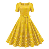 Square Neck Vintage Polka Dot A Line Swing Thin Fabric Summer Short Sleeve Casual Belted Dress