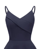 Vintage Spaghetti Strap Wrap Fit and Flare Solid Swing Women Party Night Elegant High Waist Cami Dress