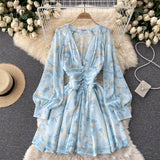 Tie Dye Printed Elegant Chiffon Dress Front Buttons Deep V Neck Long Sleeve Mini Dress