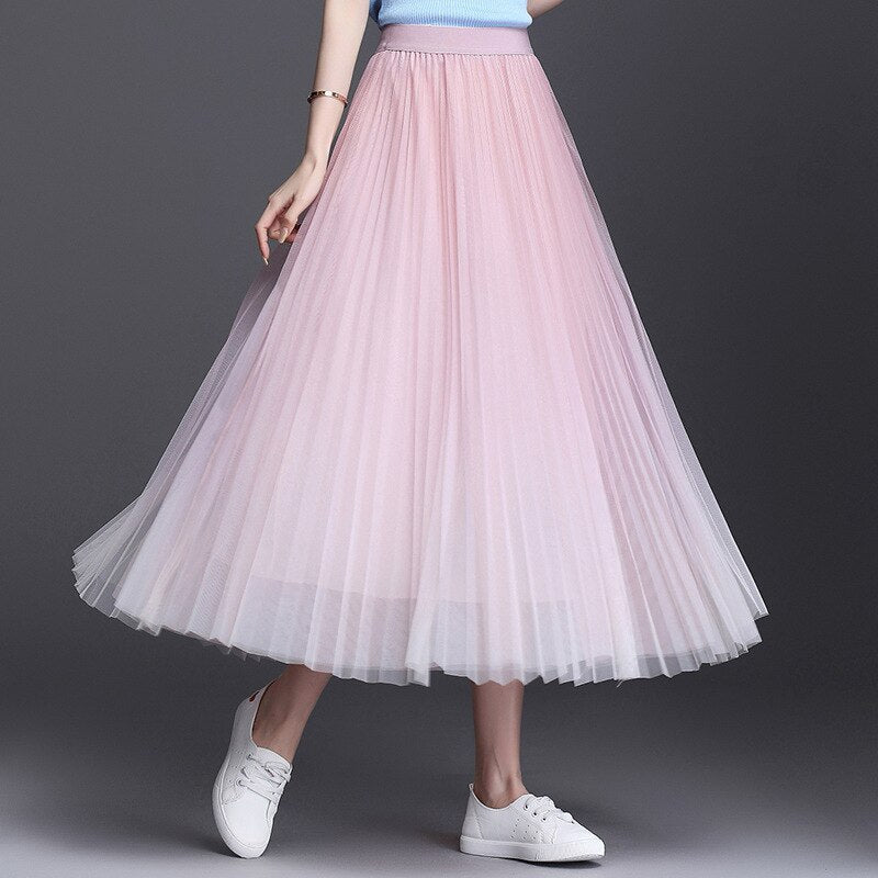 Summer High Waist Gradient Mesh Women Solid A-Line Pleated Skirt Casual Outwear