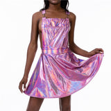 Glitter Laser Hologram A-line Gradient Color Sexy Backless Sleeveless Mini Dress