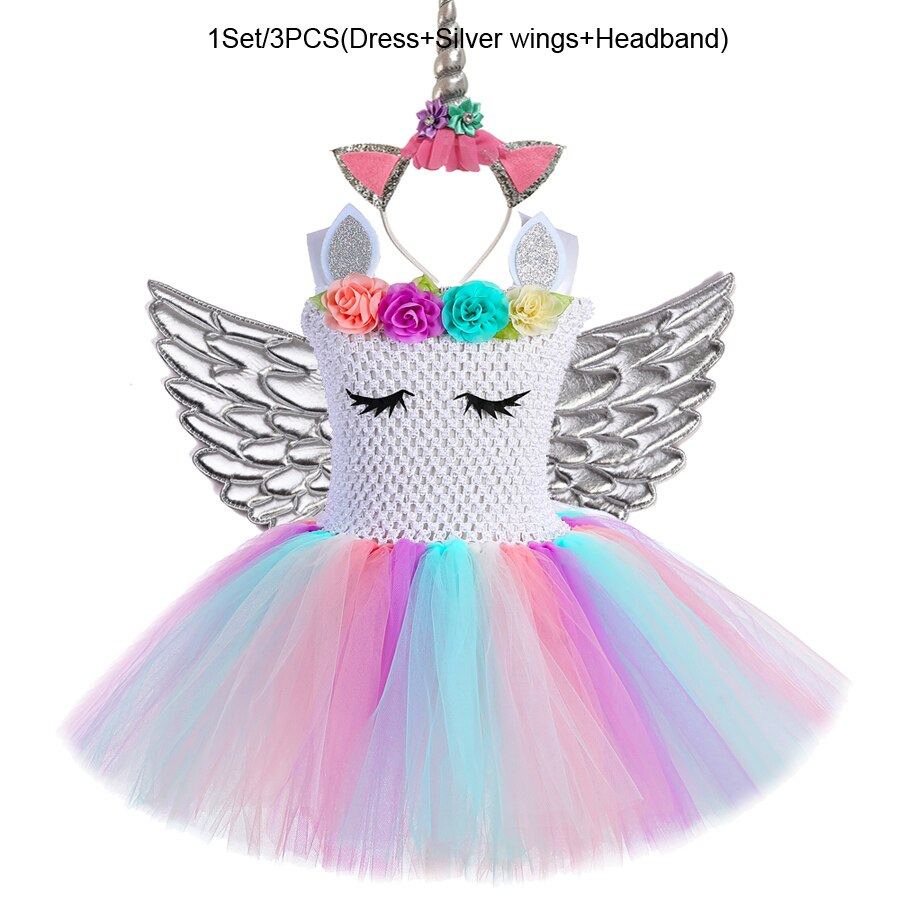 Pastel Unicorn Dress for Girls Flower Princess TuTu Dresses Kids Halloween Costume Child Cosplay Fancy Dress with Wings 1-14Y