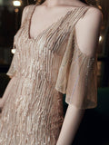 Elegant V Neck Long Sequin Evening Dress New Off Shoulder Evening Party Dress
