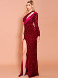 Sequins Dinner Party Evening Dress Long Dress For Lady One-shoulder Sexy High Split Formal Gowns Black Flounces Robe De Soriee
