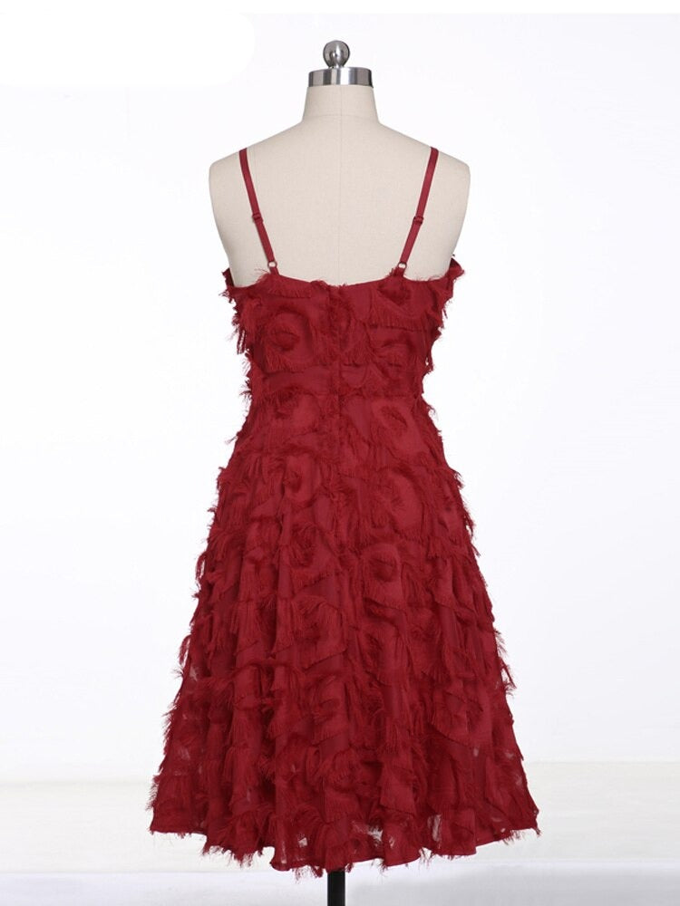 Vintage High Waist A-Line Fringe Red V-Neck Spaghetti Strap Women Party Summer Ladies Slim Dress
