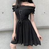2023 Elegant Party Off Shoulder Mini Dress Women Black Mesh Chiffon Bandage Slim Clothing Gothic Streetwear Fashion Sexy Dress